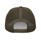 Olive/Camo Abbey Gate Trucker Hat back view with snapback closure and mesh back panel