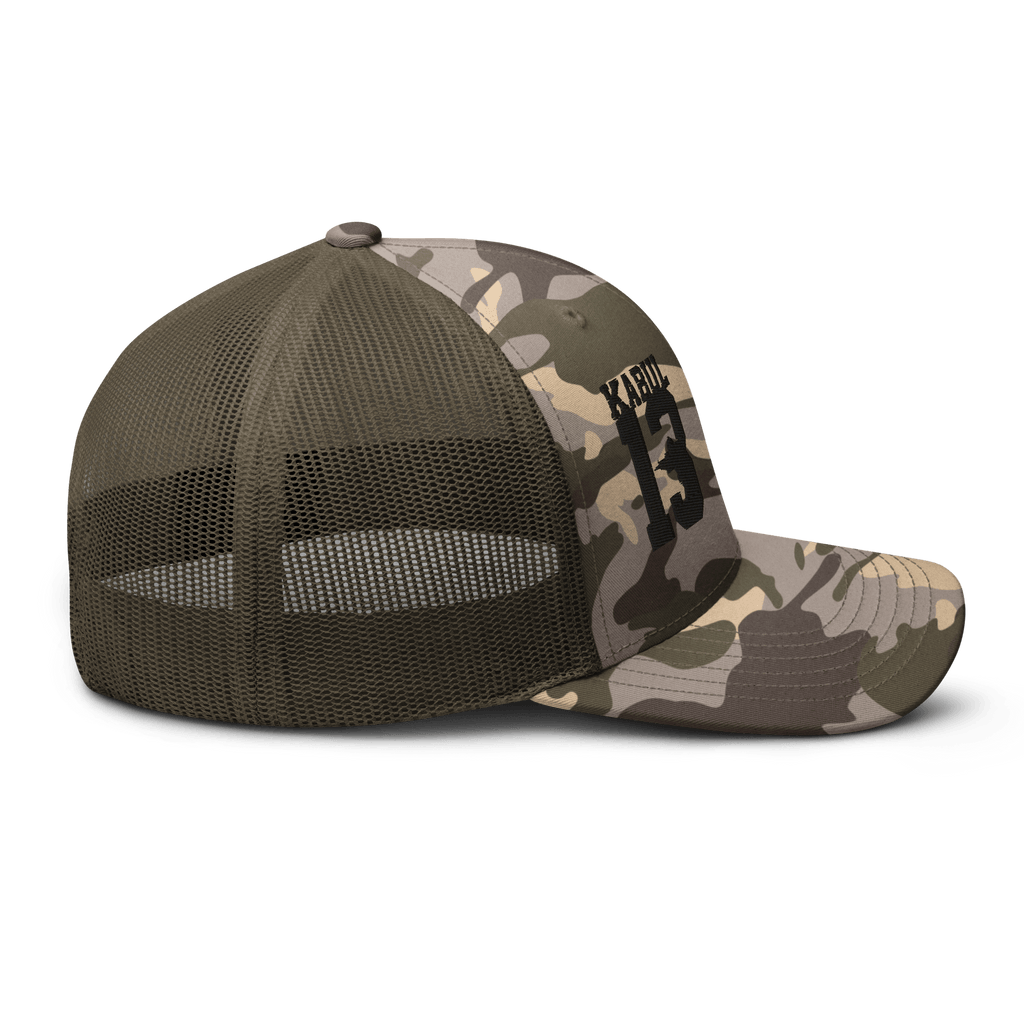 Olive/Camo Abbey Gate Trucker Hat shown at a right-side profile highlighting embroidery and fabric details