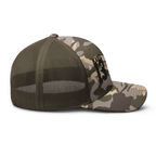 Olive/Camo Abbey Gate Trucker Hat shown at a right-side profile highlighting embroidery and fabric details