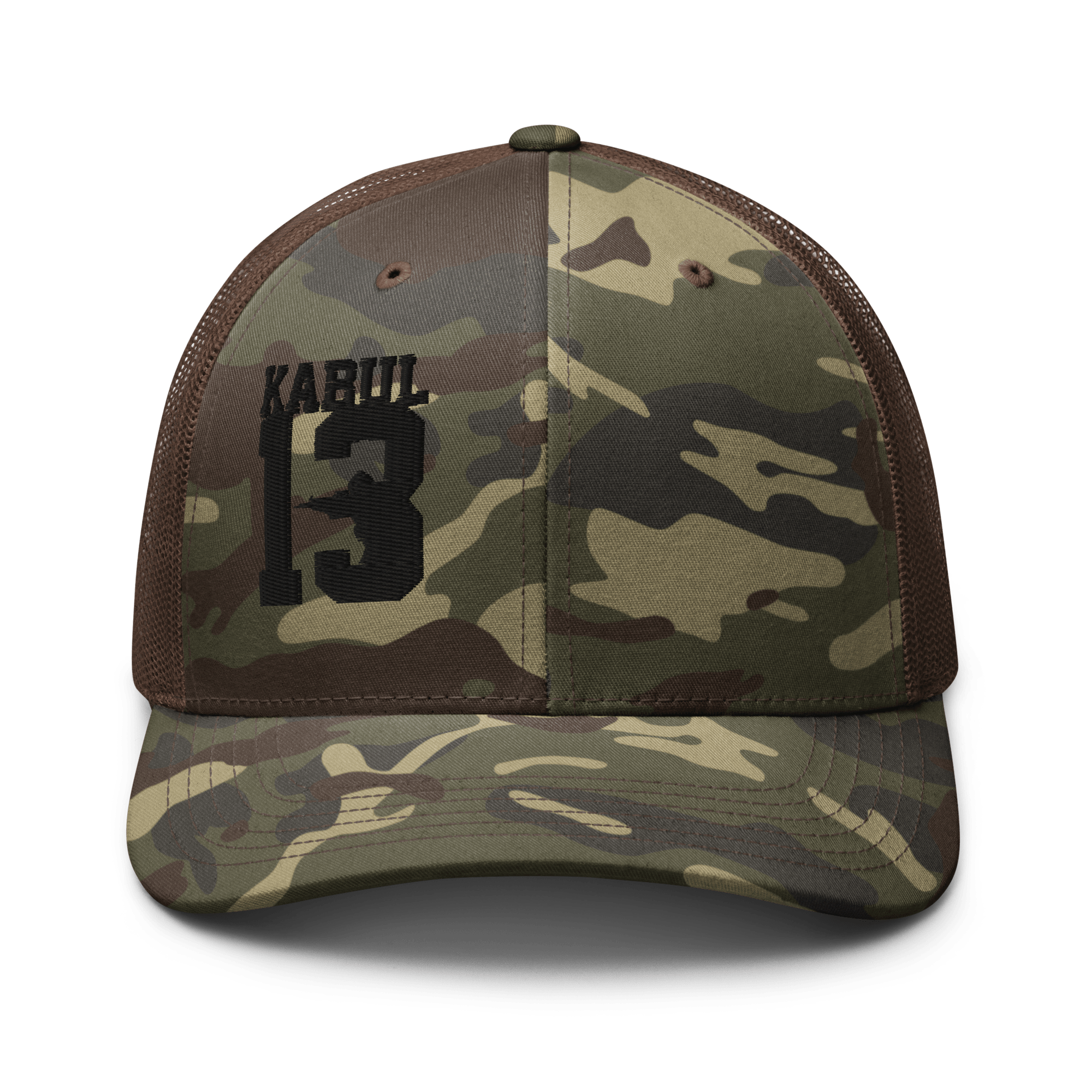 Brown/Camo Abbey Gate Trucker Hat front featuring Kabul13 embroidered emblem on crown