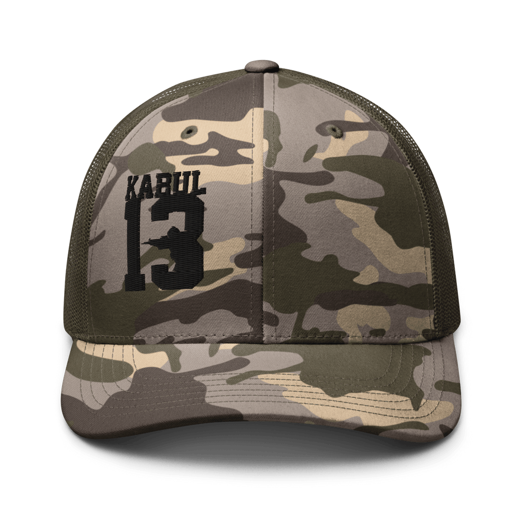 Olive/Camo Abbey Gate Trucker Hat front displaying Kabul13 embroidered patch and structured crown