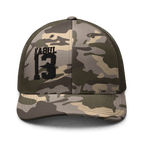 Olive/Camo Abbey Gate Trucker Hat front displaying Kabul13 embroidered patch and structured crown