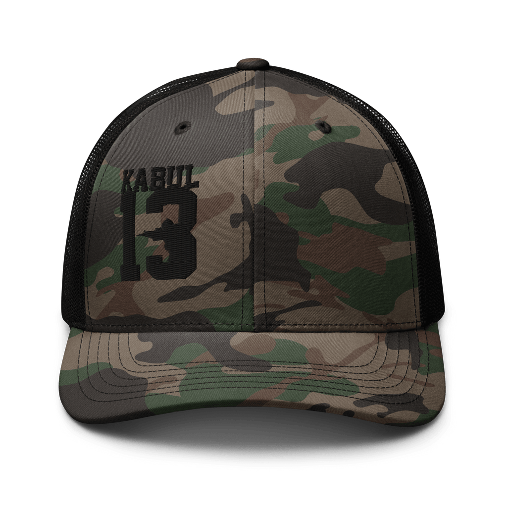 Black/Camo Abbey Gate Trucker Hat front with Kabul13 embroidered patch on crown