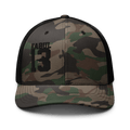 Black/Camo Abbey Gate Trucker Hat front with Kabul13 embroidered patch on crown