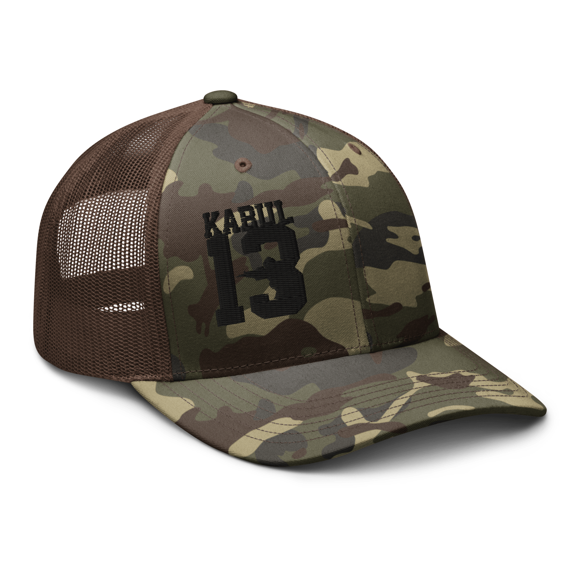 Brown/Camo Abbey Gate Trucker Hat angled left showing camouflage pattern and crown detail