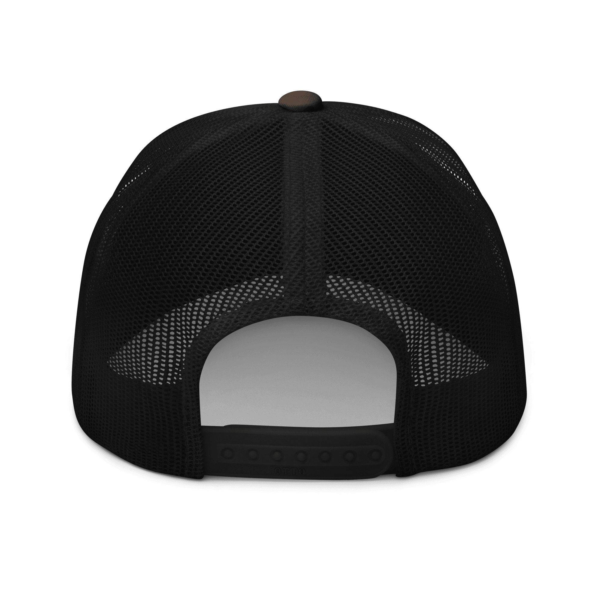 Black/Camo Abbey Gate Trucker Hat back view with adjustable snapback closure
