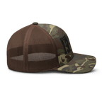 Brown/Camo Abbey Gate Trucker Hat shown at a right-side profile highlighting embroidered patch and side stitching