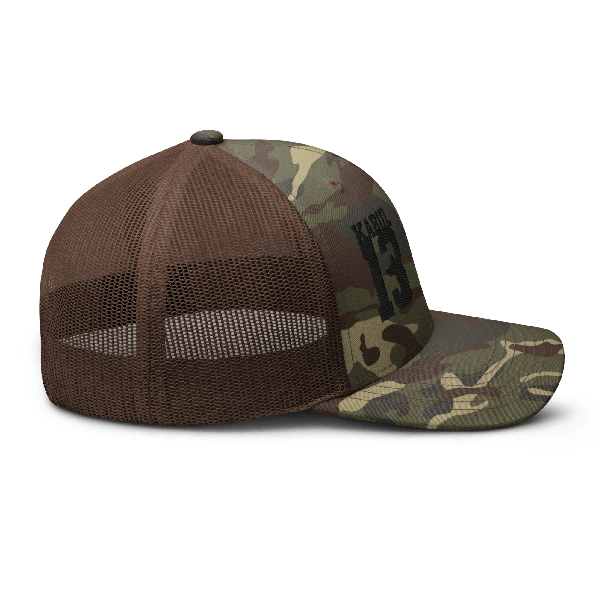 Brown/Camo Abbey Gate Trucker Hat shown at a right-side profile highlighting embroidered patch and side stitching