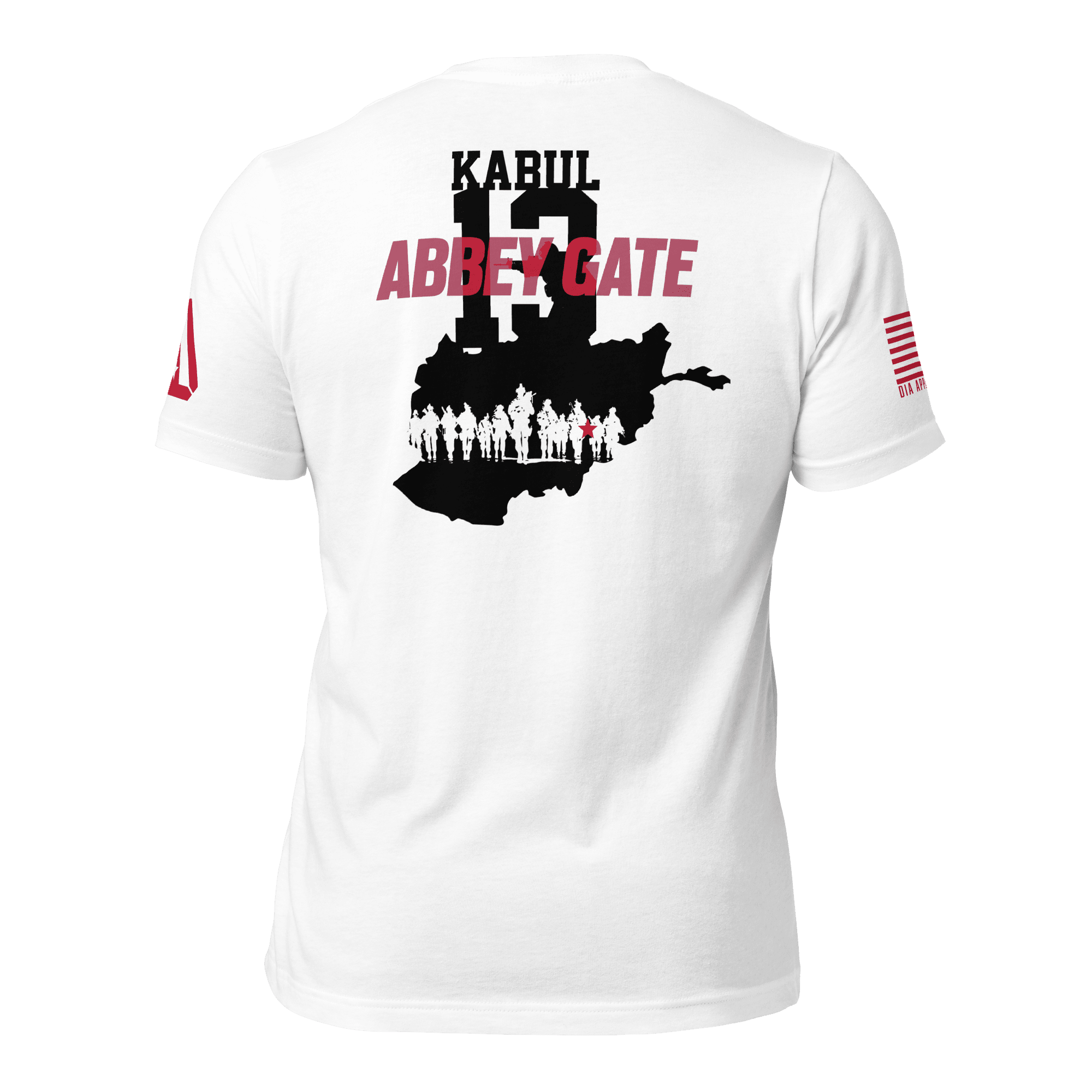 White T-Shirt back view with "KABUL", red "ABBEY GATE", a large black "13", and 13 soldier silhouettes on an Afghanistan map.