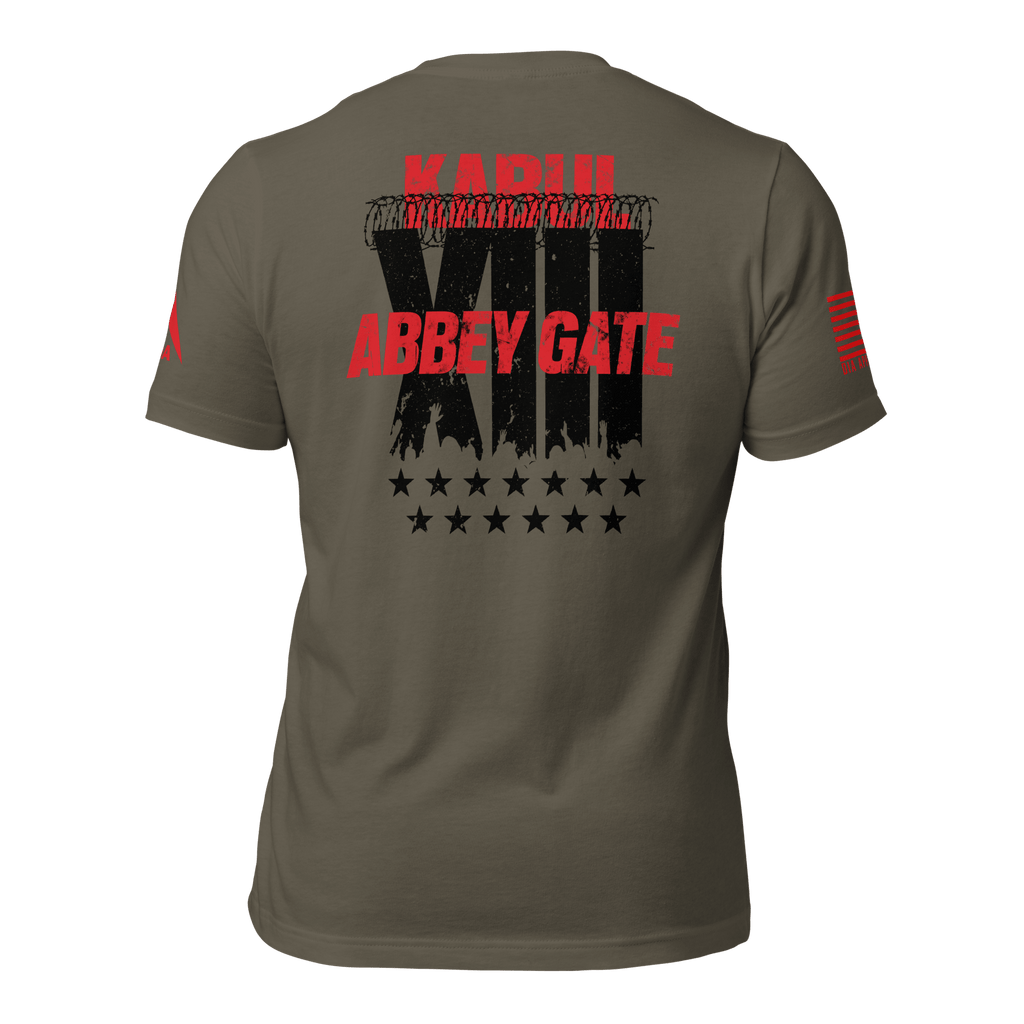 Army green t-shirt back view featuring a black "XIII" with barbed wire, red text, and a red American flag on the sleeve.