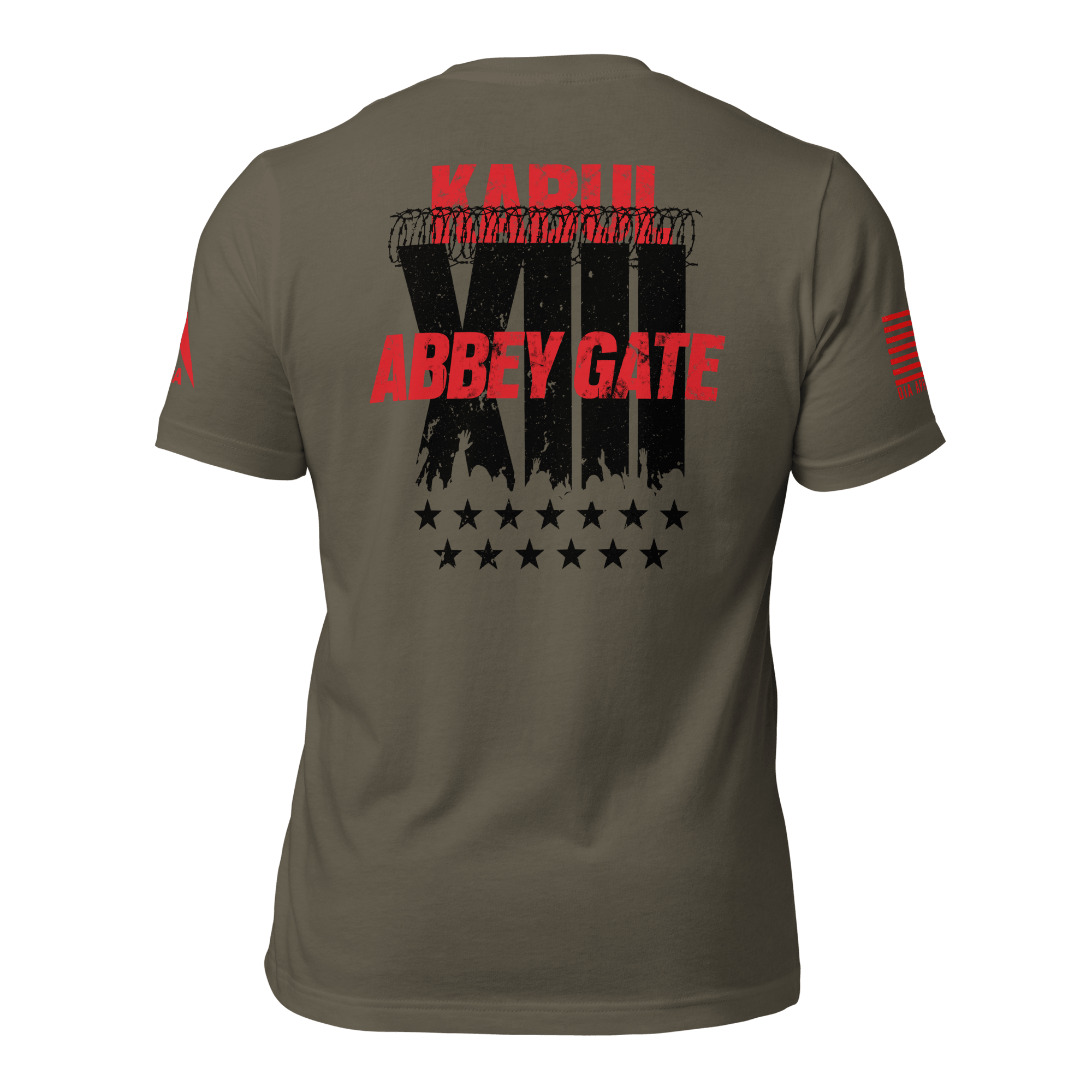 Army green t-shirt back view featuring a black "XIII" with barbed wire, red text, and a red American flag on the sleeve.