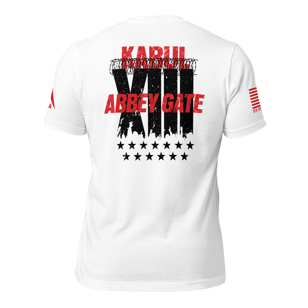 White t-shirt back view featuring a black "XIII" with barbed wire, red text, and a red American flag on the sleeve.