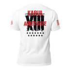 White t-shirt back view featuring a black "XIII" with barbed wire, red text, and a red American flag on the sleeve.