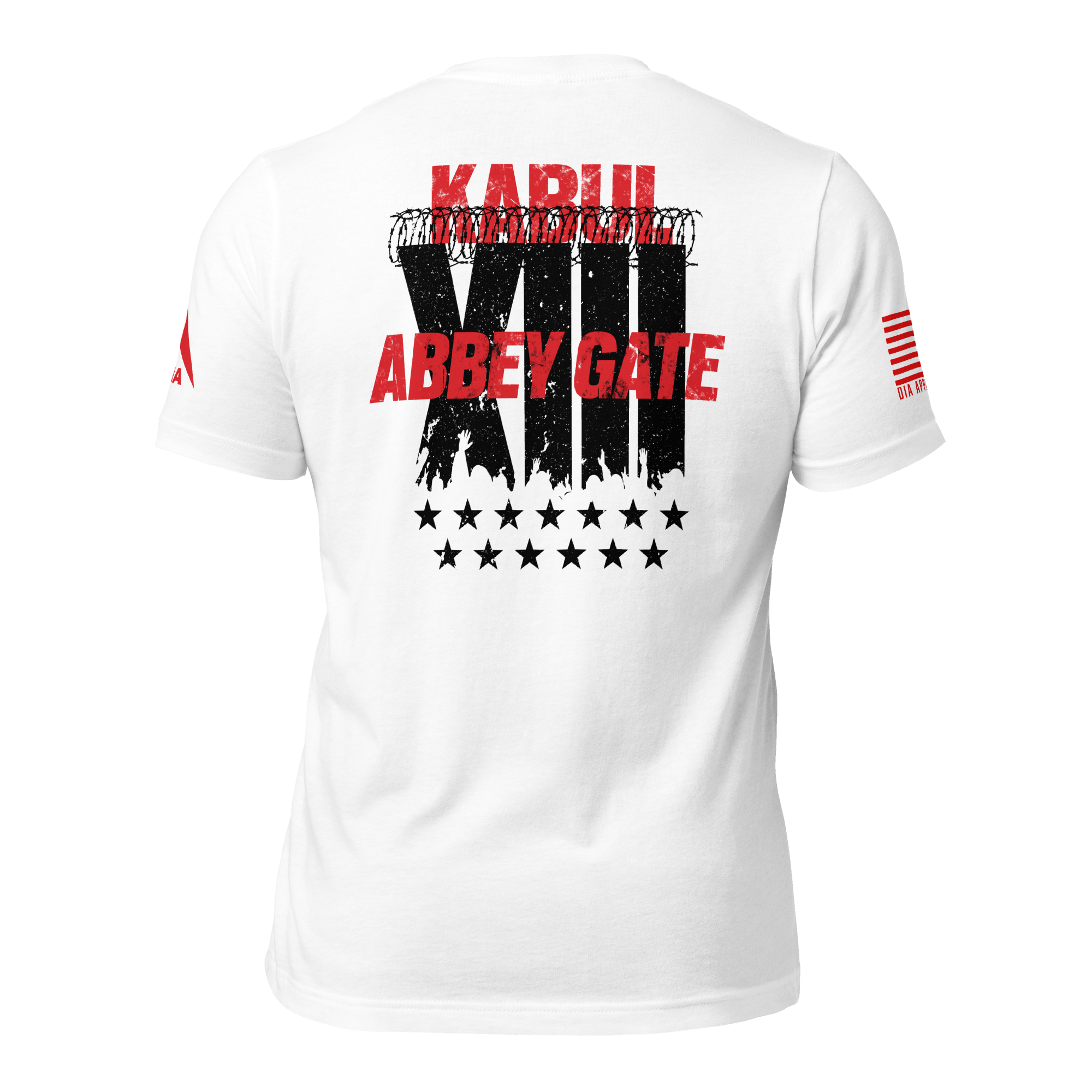 White t-shirt back view featuring a black "XIII" with barbed wire, red text, and a red American flag on the sleeve.