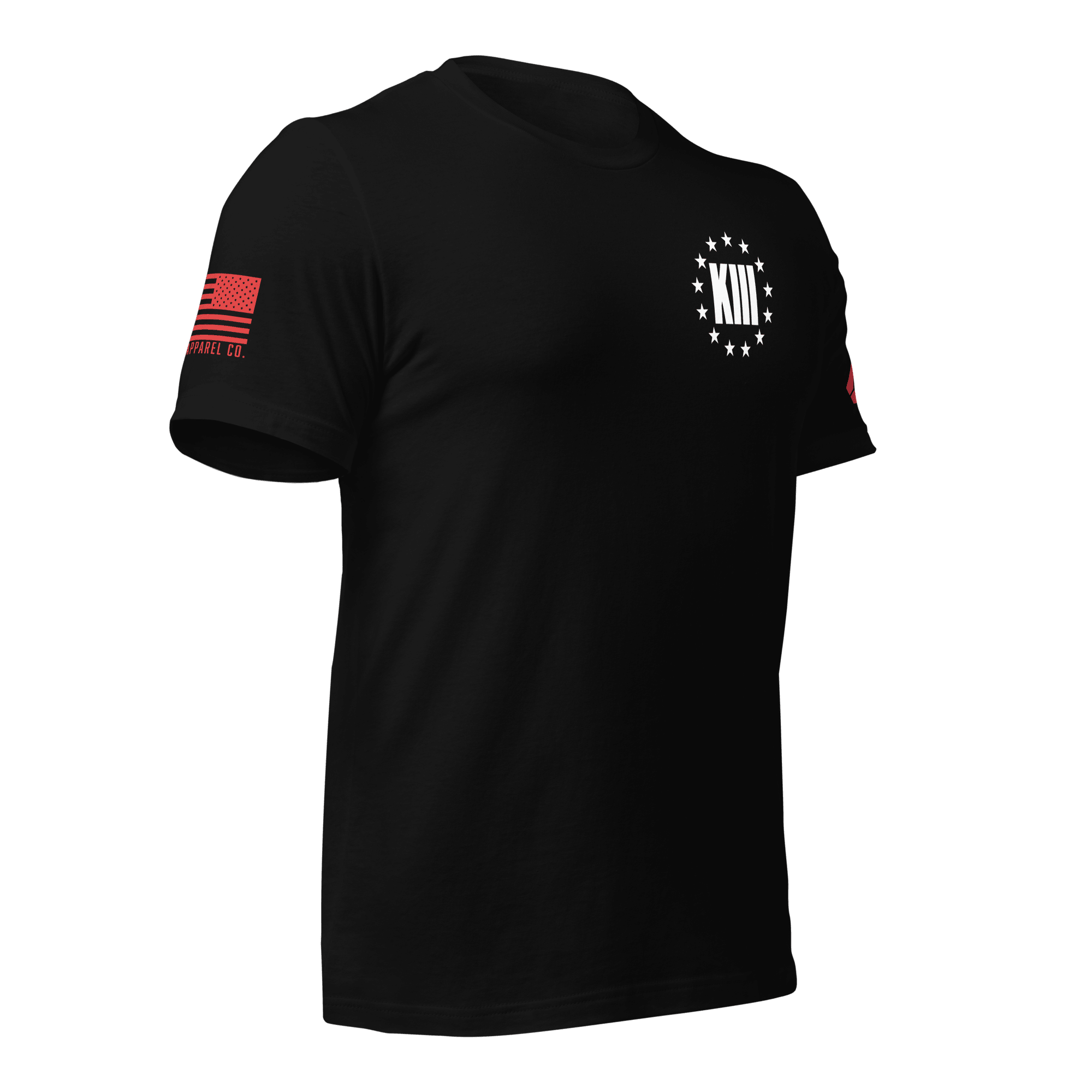 Black t-shirt angled left featuring a white "XIII" with thirteen stars and a red DIA logo on the sleeve.