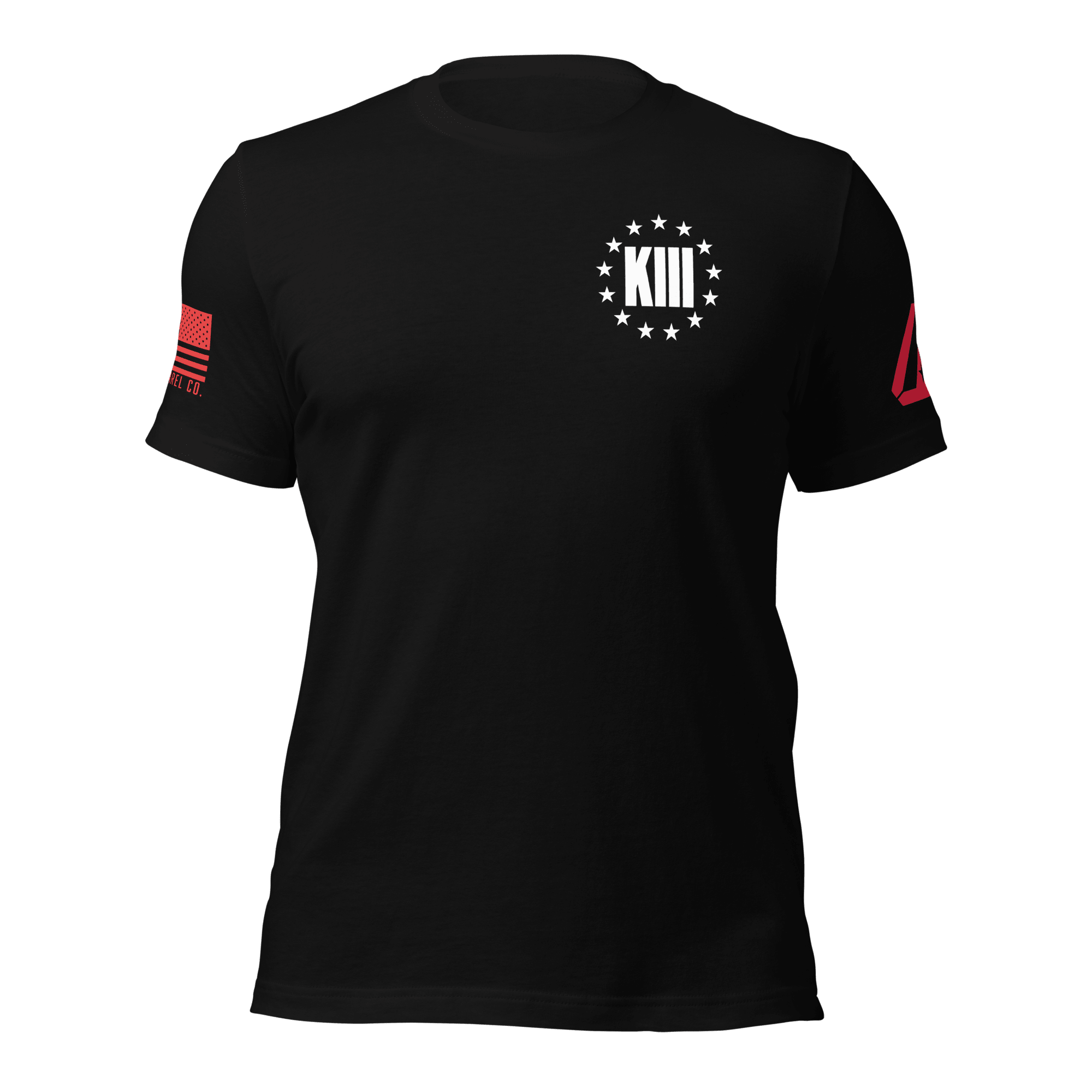 Black t-shirt featuring a left chest "XIII" with thirteen white stars and a red American flag on the right sleeve.
