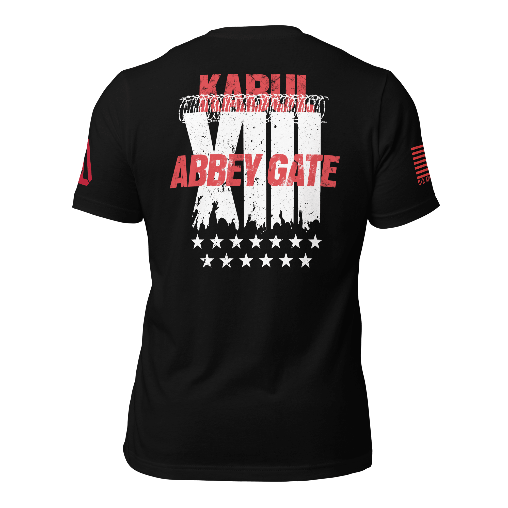 Black t-shirt back view featuring a white "XIII" with barbed wire, red text, and a red American flag on the sleeve.