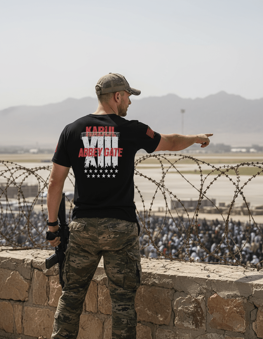 Man by an airfield fence, black Kabul memorial t-shirt with red text and white "XIII", red American flag on sleeve.