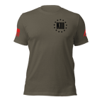 Army green t-shirt featuring a left chest black "XIII" with stars and a red American flag on the right sleeve.