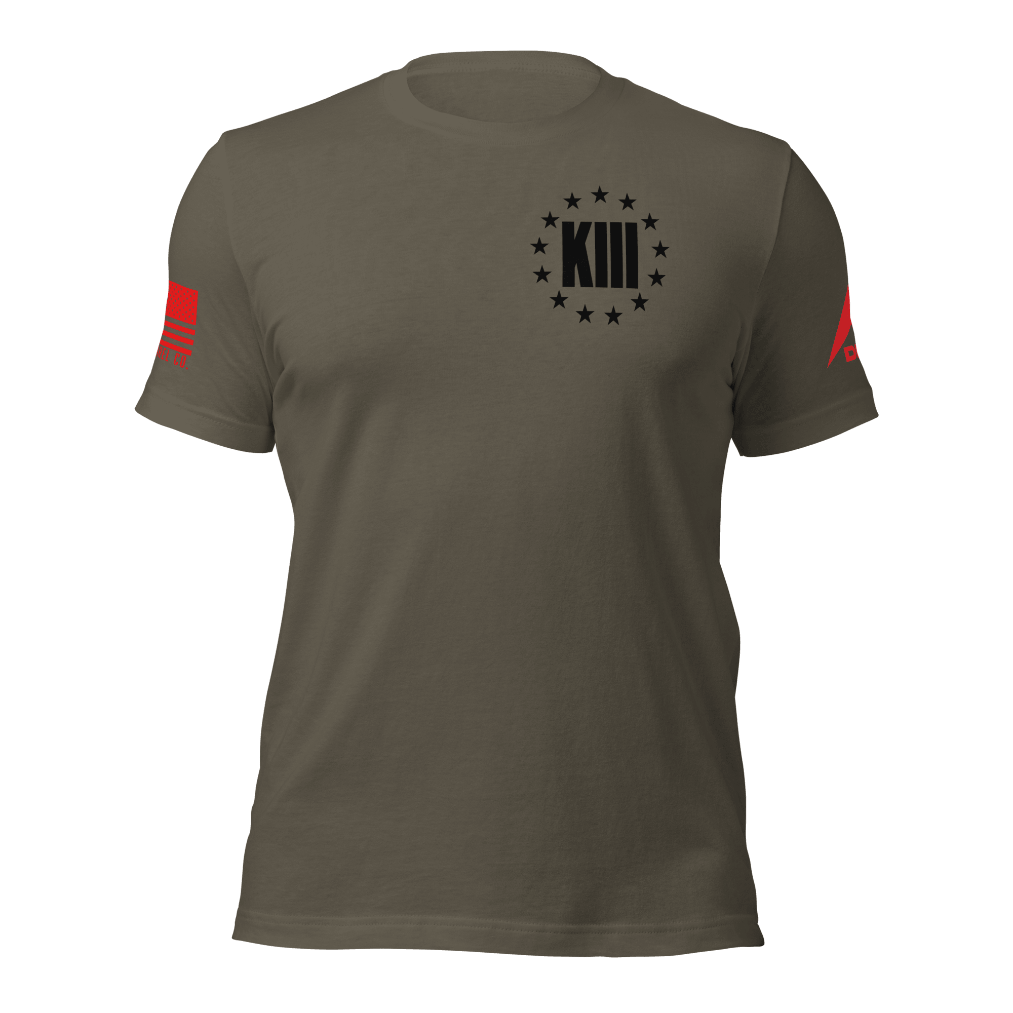Army green t-shirt featuring a left chest black "XIII" with stars and a red American flag on the right sleeve.
