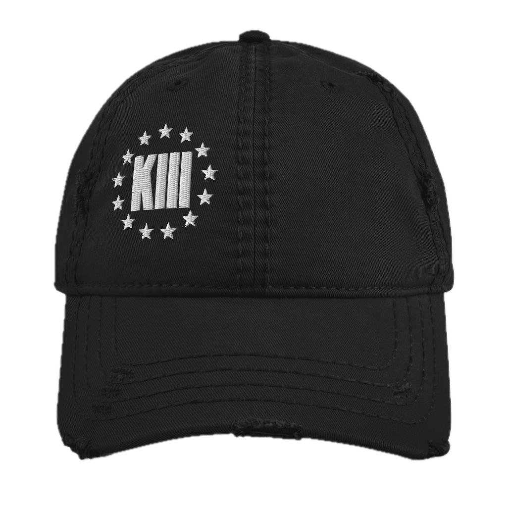 Black distressed ball cap with a white "KXIII" logo surrounded by stars.