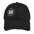 Black distressed ball cap with a white "KXIII" logo surrounded by stars.