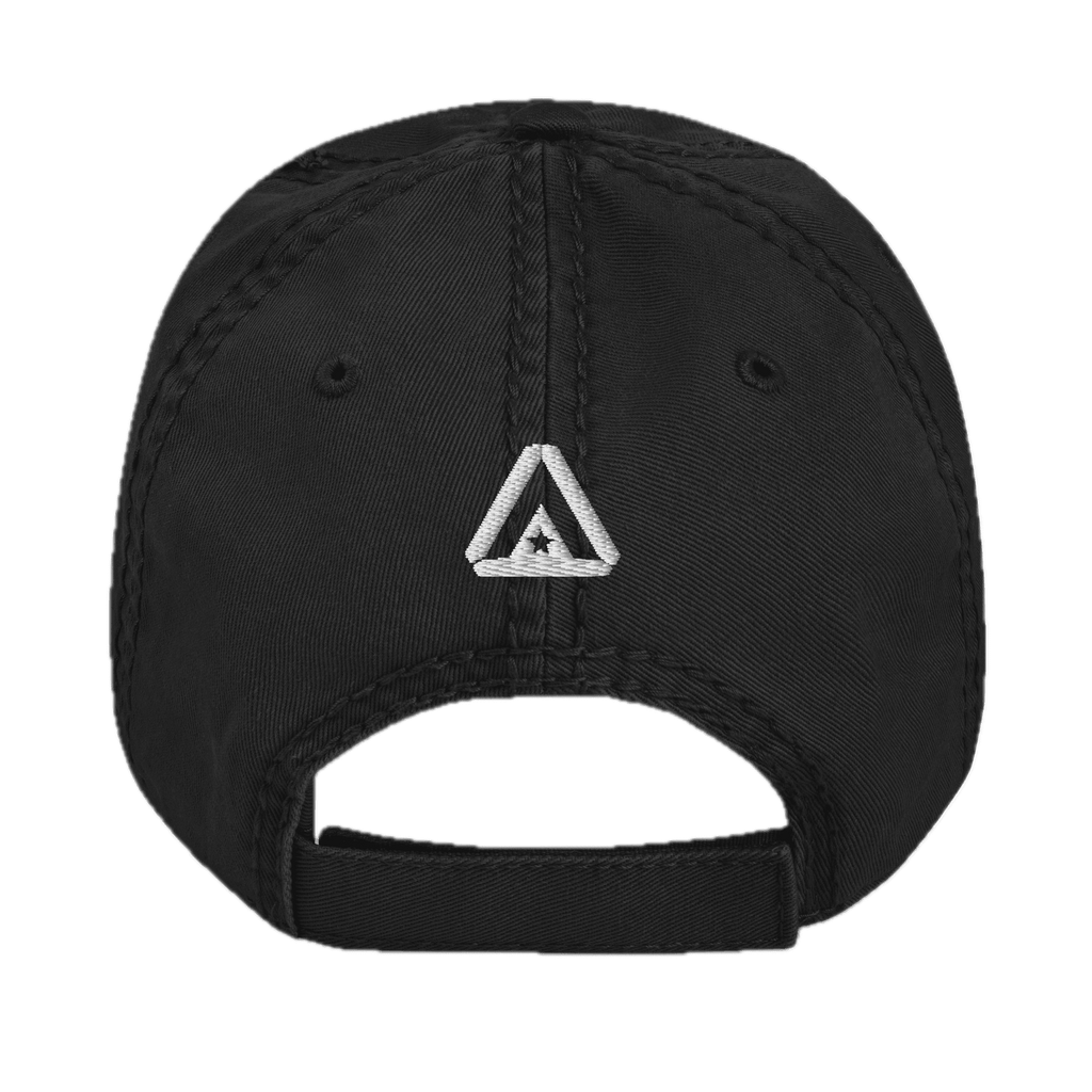 Black distressed ball cap back with a white DIA logo above the adjustable strap.