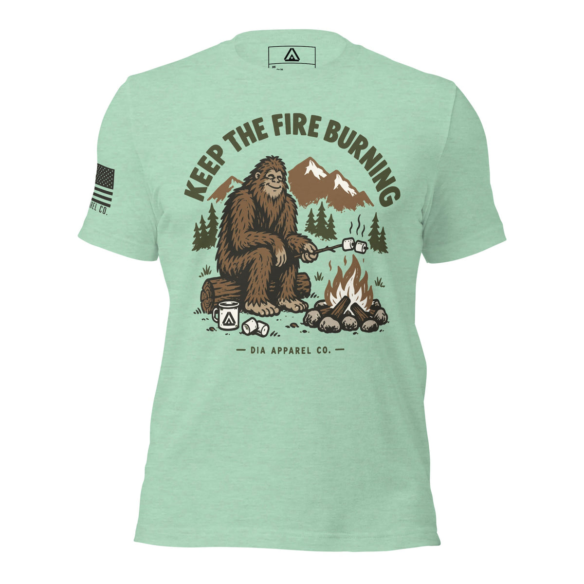 Heather prism mint t-shirt featuring Bigfoot roasting marshmallows over a campfire with text "Keep the Fire Burning.