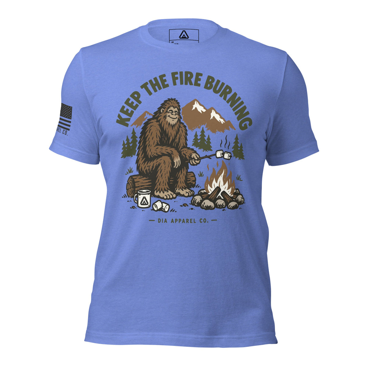 Light blue t-shirt featuring Bigfoot roasting marshmallows over a campfire with text "Keep the Fire Burning."