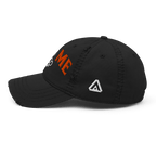 Black distressed ball cap, left-side view, with "ME" visible in orange text and a small white DIA logo on the side.