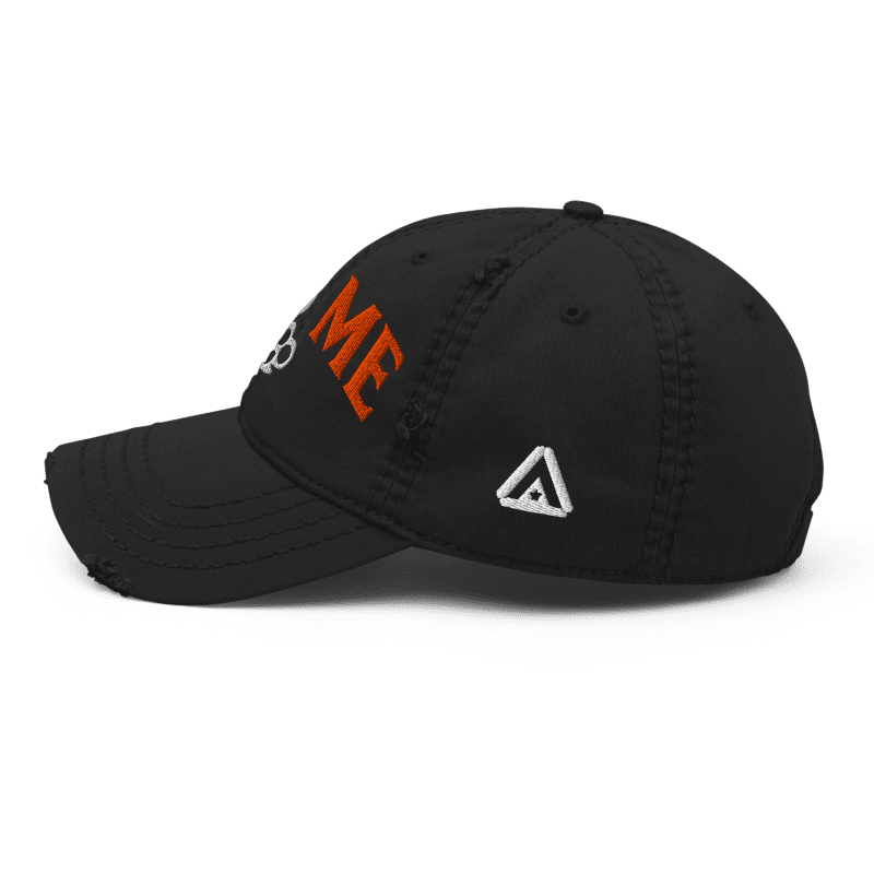 Black distressed ball cap, left-side view, with "ME" visible in orange text and a small white DIA logo on the side.