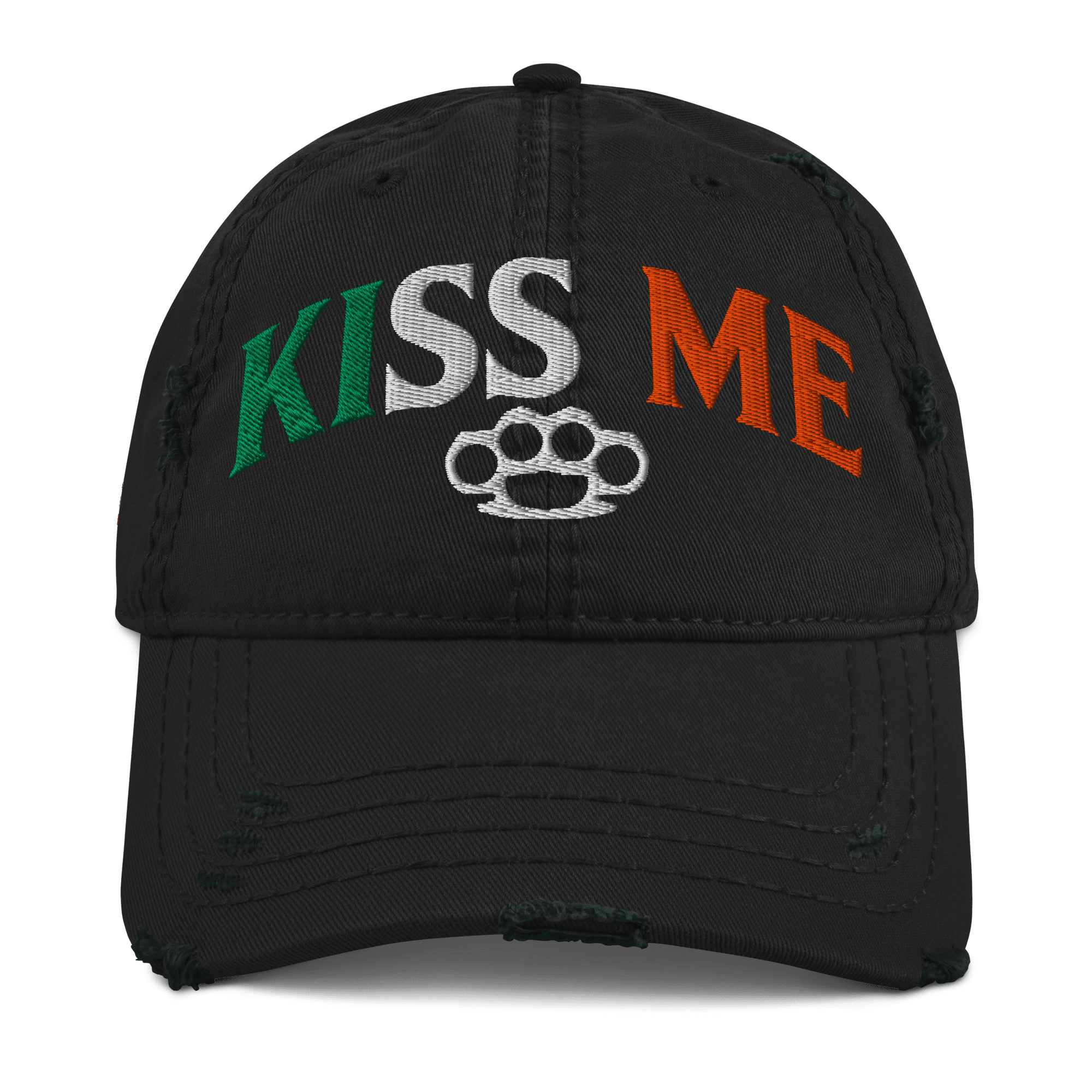 Front view of Black baseball cap featuring "KISS ME" embroidered in green, white, and orange, with knuckle dusters.