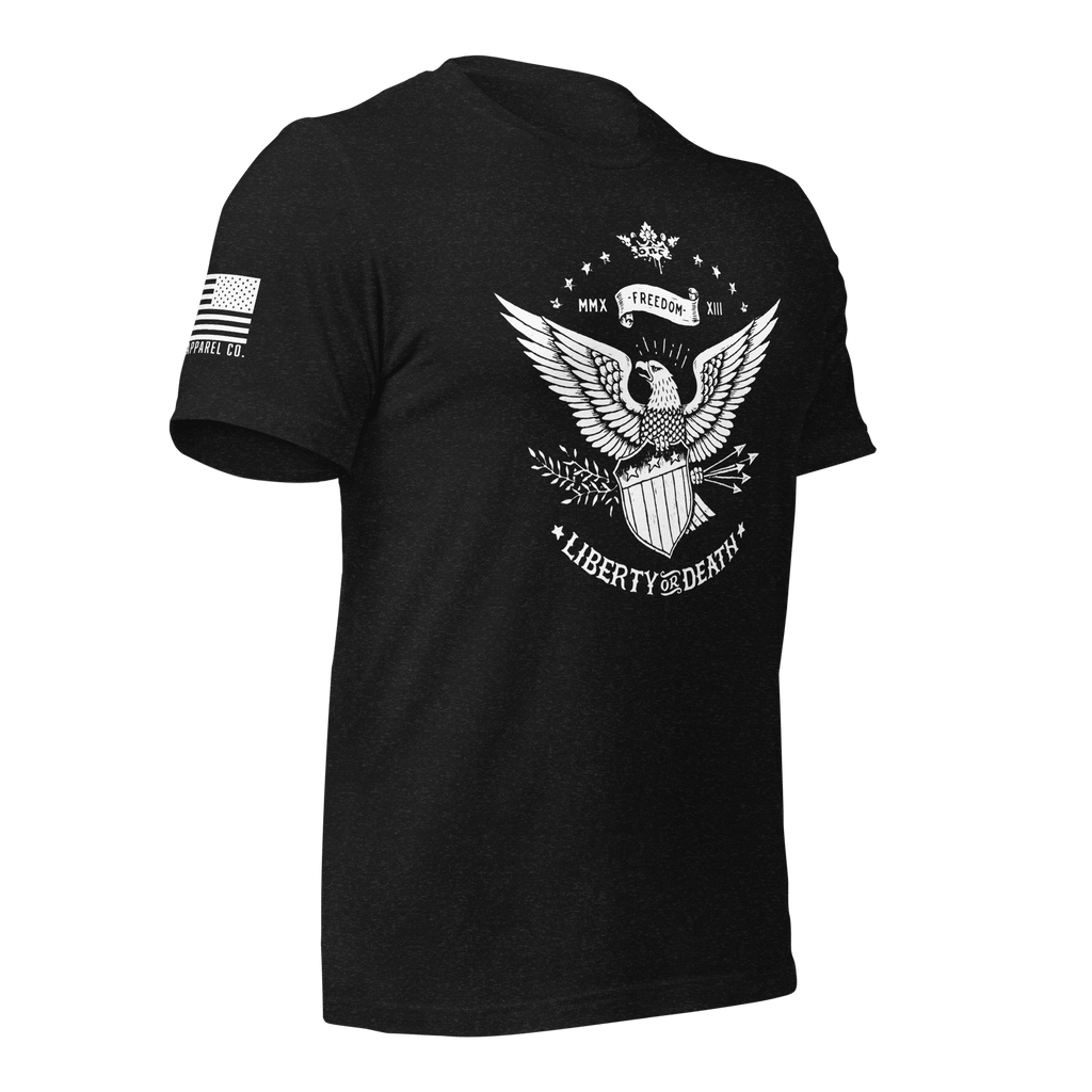 Black t-shirt, angled left, featuring a white Liberty or Death graphic and white American flag on the sleeve.