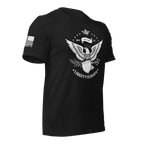 Black t-shirt, angled left, featuring a white Liberty or Death graphic and white American flag on the sleeve.