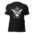 Black t-shirt with a white eagle and shield graphic with the text "LIBERTY OR DEATH" and a white American flag on the sleeve.