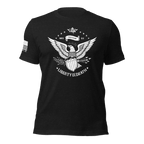 Black t-shirt with a white eagle and shield graphic with the text "LIBERTY OR DEATH" and a white American flag on the sleeve.