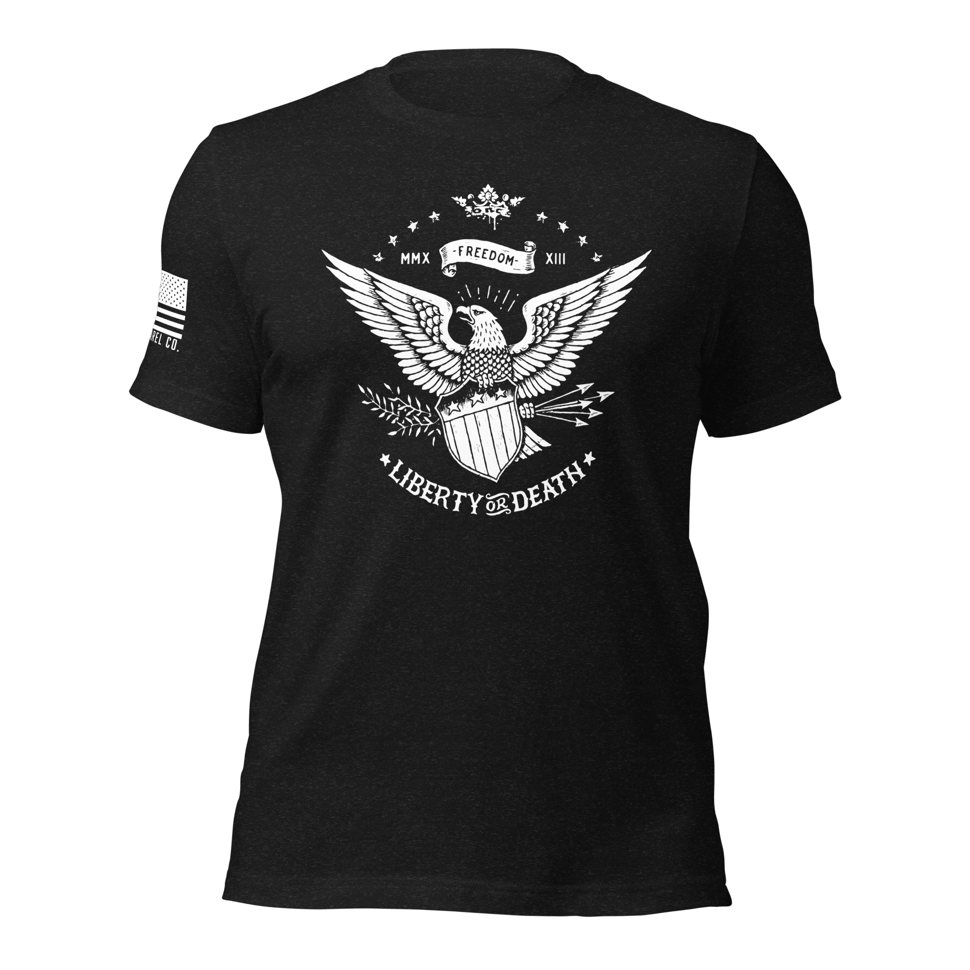 Black t-shirt with a white eagle and shield graphic with the text "LIBERTY OR DEATH" and a white American flag on the sleeve.