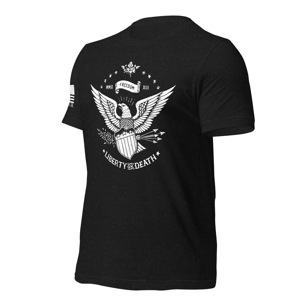 Black t-shirt, three-quarter view angled right, featuring a white Liberty or Death graphic