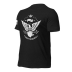Black t-shirt, three-quarter view angled right, featuring a white Liberty or Death graphic