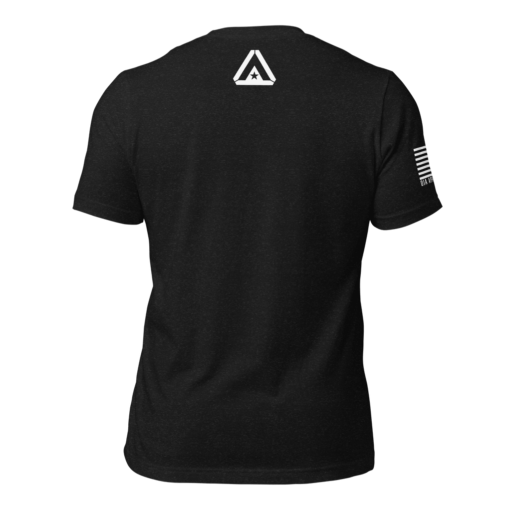 Black t-shirt, back view, featuring a white DIA logo on the upper back and American flag on the right sleeve.