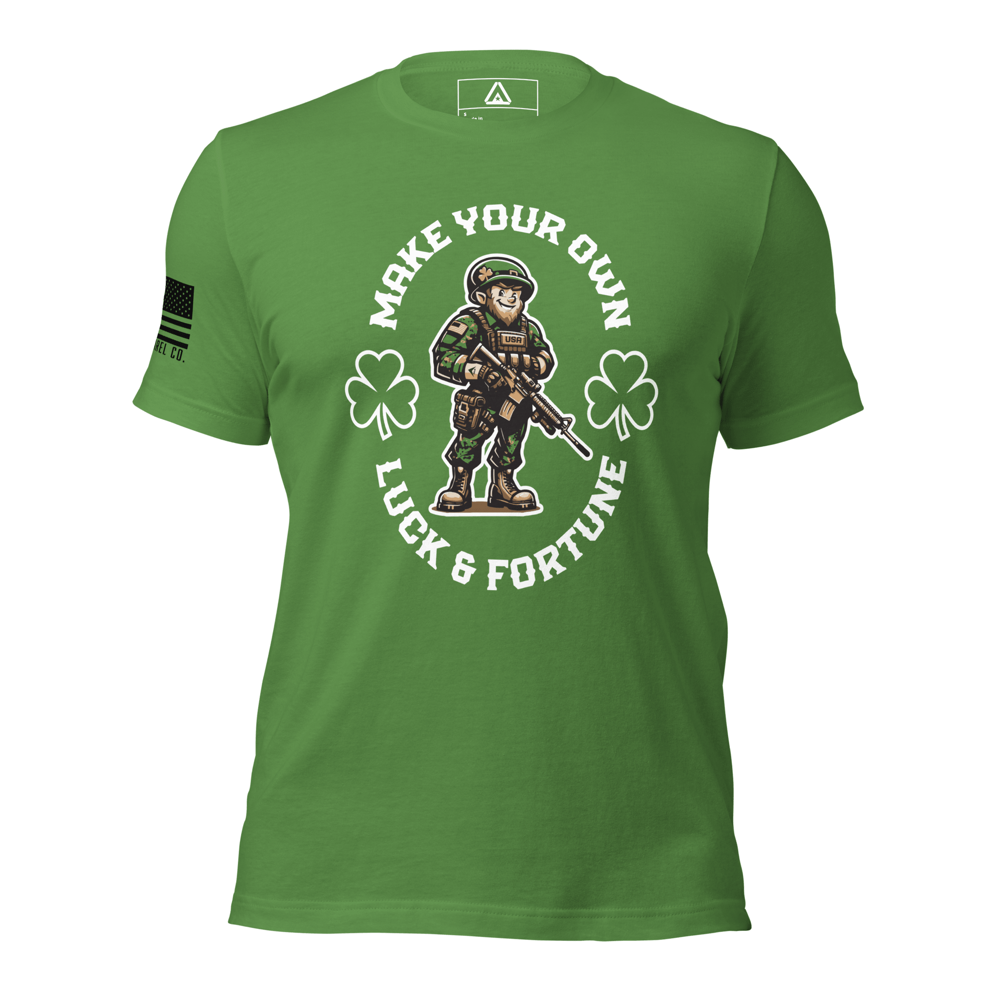 Leaf green t-shirt, front view, with a leprechaun soldier, "Make Your Own Luck & Fortune", and American flag on the sleeve.