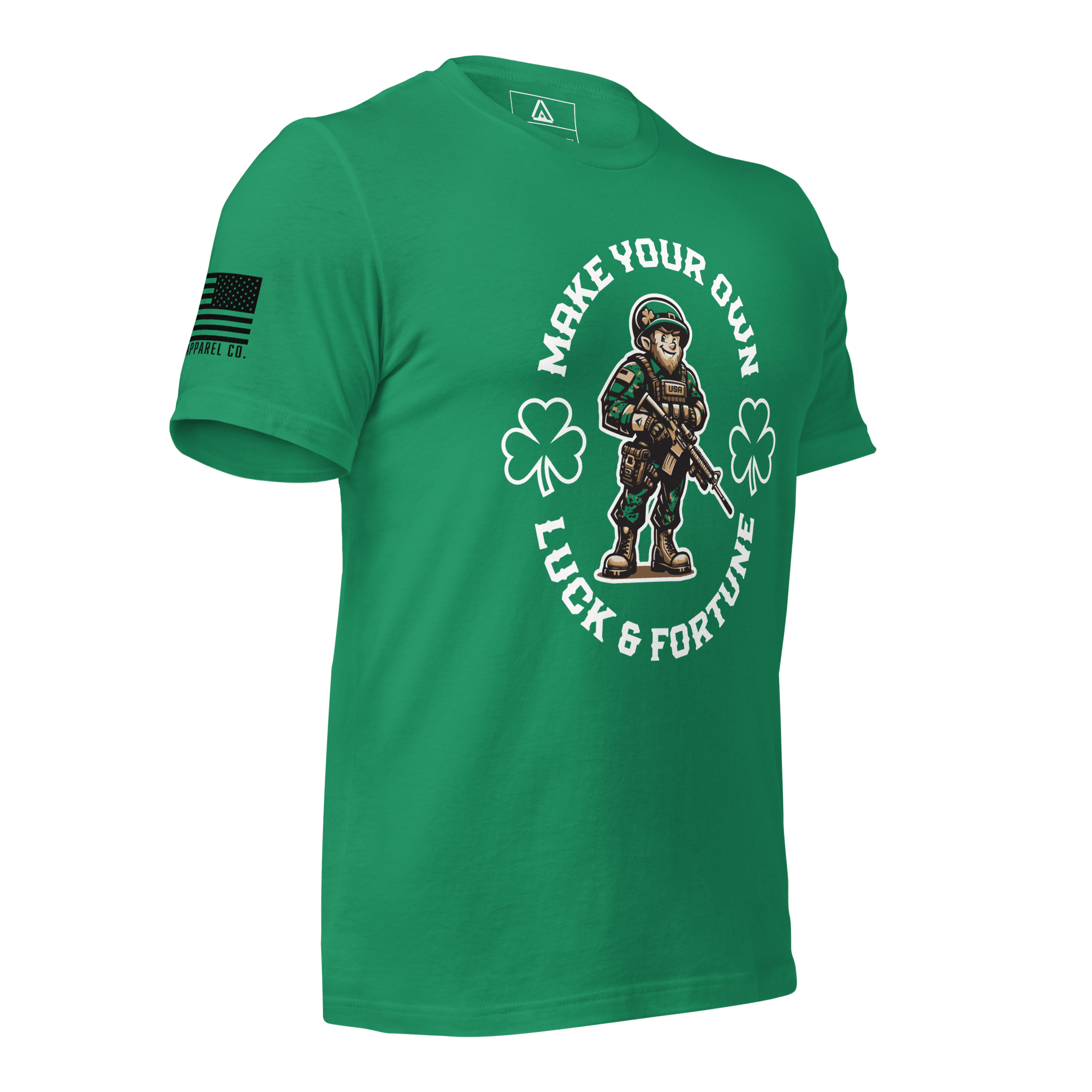 Kelly green t-shirt at a three-quarter view angled right, with a "Make Your Own Luck & Fortune" graphic and American flag.