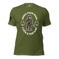Olive green t-shirt frontal view with a leprechaun soldier, "Make Your Own Luck & Fortune", and American flag on the sleeve.