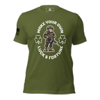 Olive green t-shirt frontal view with a leprechaun soldier, "Make Your Own Luck & Fortune", and American flag on the sleeve.