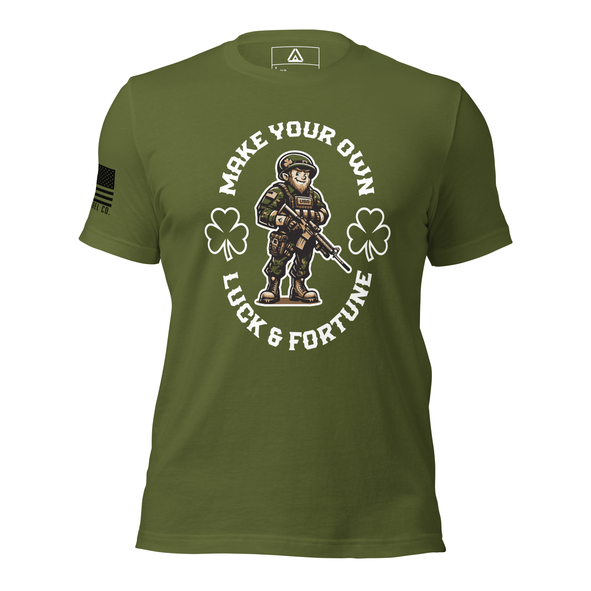 Olive green t-shirt frontal view with a leprechaun soldier, "Make Your Own Luck & Fortune", and American flag on the sleeve.