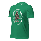 Kelly green t-shirt shown from a three-quarter view angled toward the right, with a "Make Your Own Luck & Fortune" graphic.