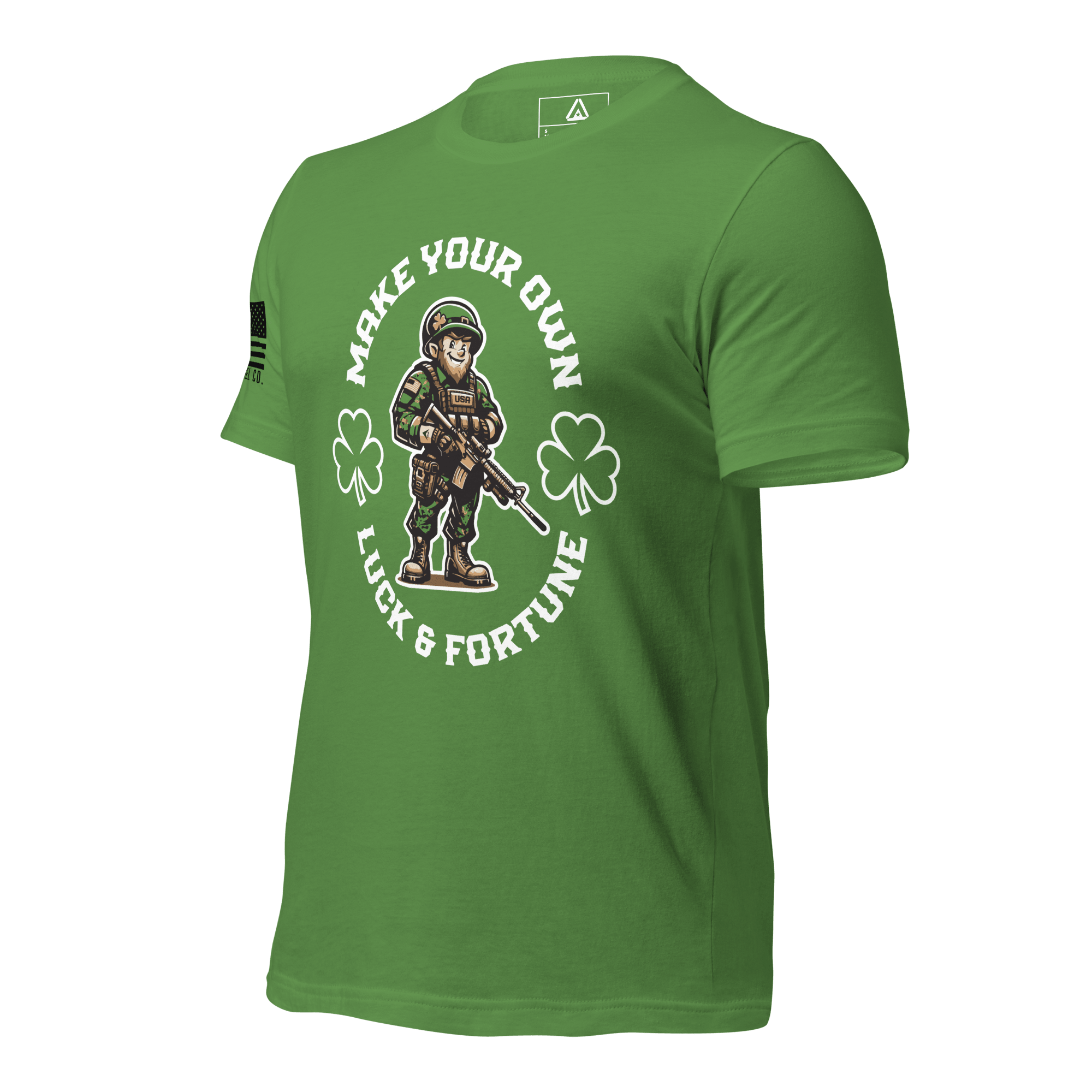 Leaf green t-shirt, three-quarter view angled right, with a leprechaun soldier and shamrocks graphic.