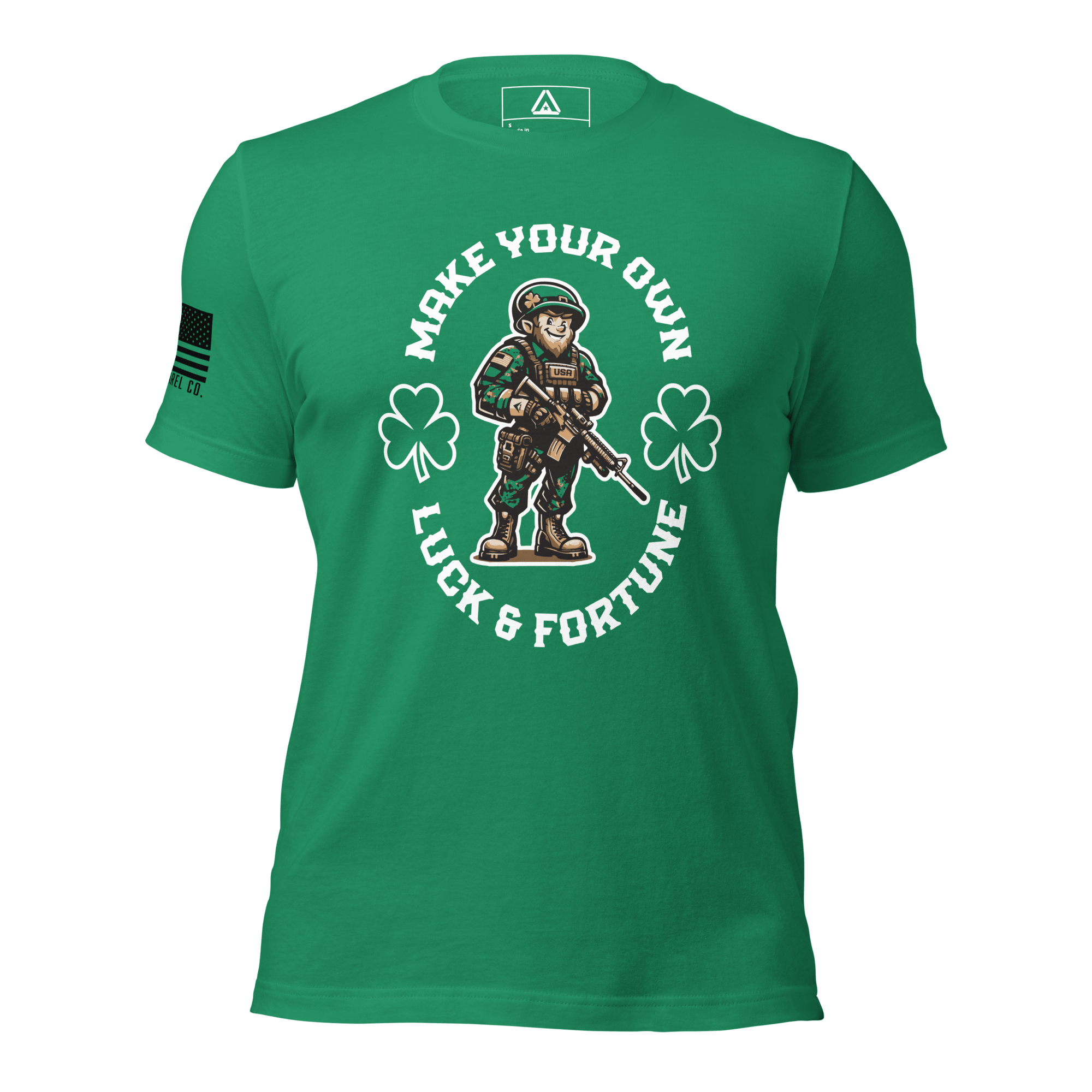 Kelly green t-shirt is shown from the front, featuring a "Make Your Own Luck & Fortune" graphic and a black American flag.