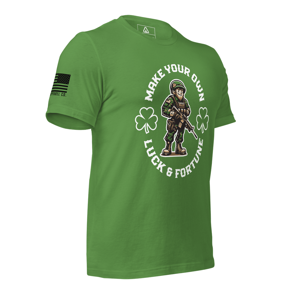 Leaf green t-shirt at a three-quarter view angled right with a leprechaun soldier, shamrocks, and an American flag