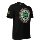 Black t-shirt, three-quarter view angled left, with a circular Celtic knot and an Irish-American flag on the sleeve.
